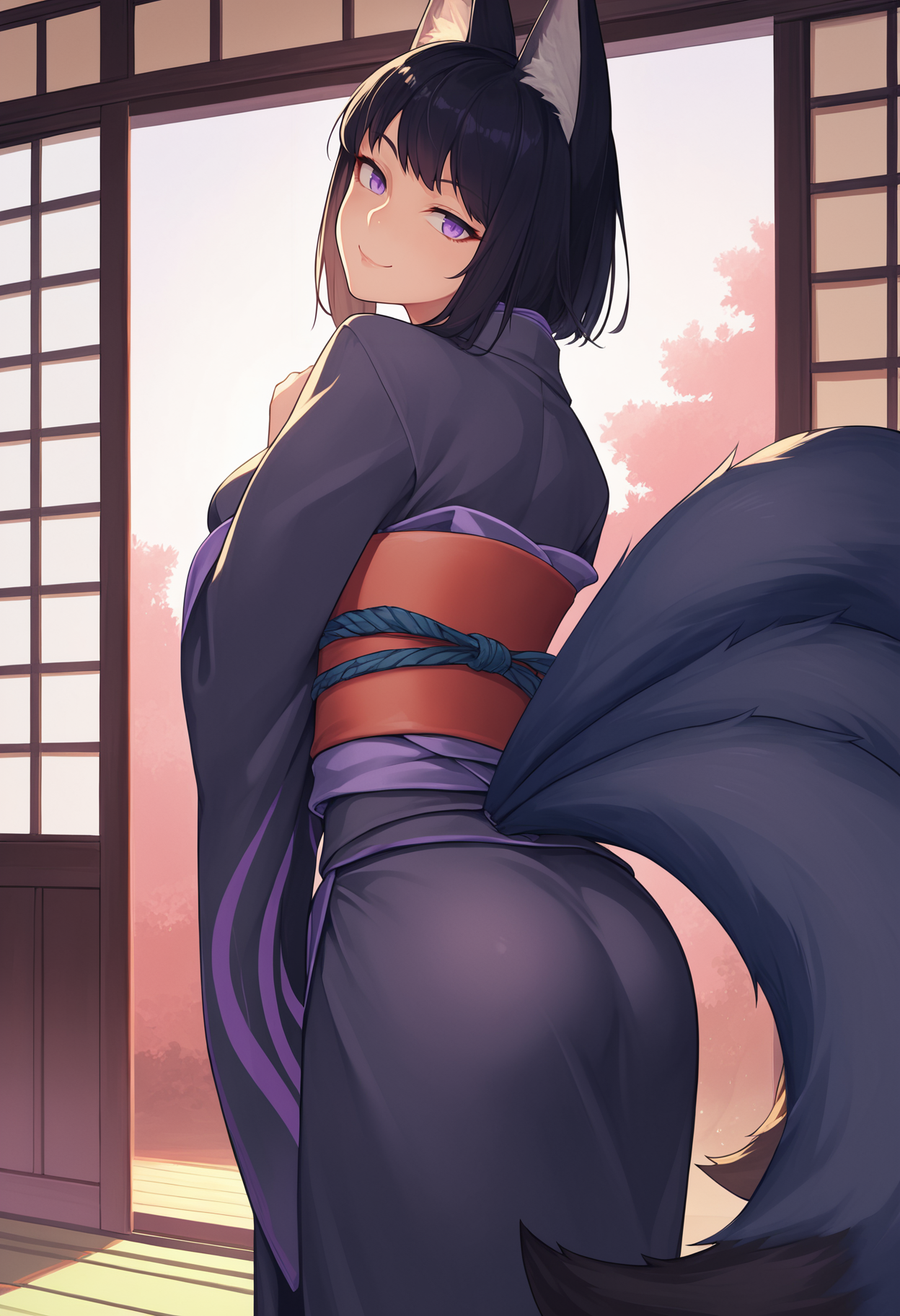 score_9, score_8_up, score_7_up, source_anime BREAK 1girl, solo, <lora:kitsune-mge-richy-v1_pdxl:1>fox ears, fox tail, multiple tails, breasts, black hair, purple eyes, looking back, seductive smile, head tilt, ass, black kimono, obi, tabi