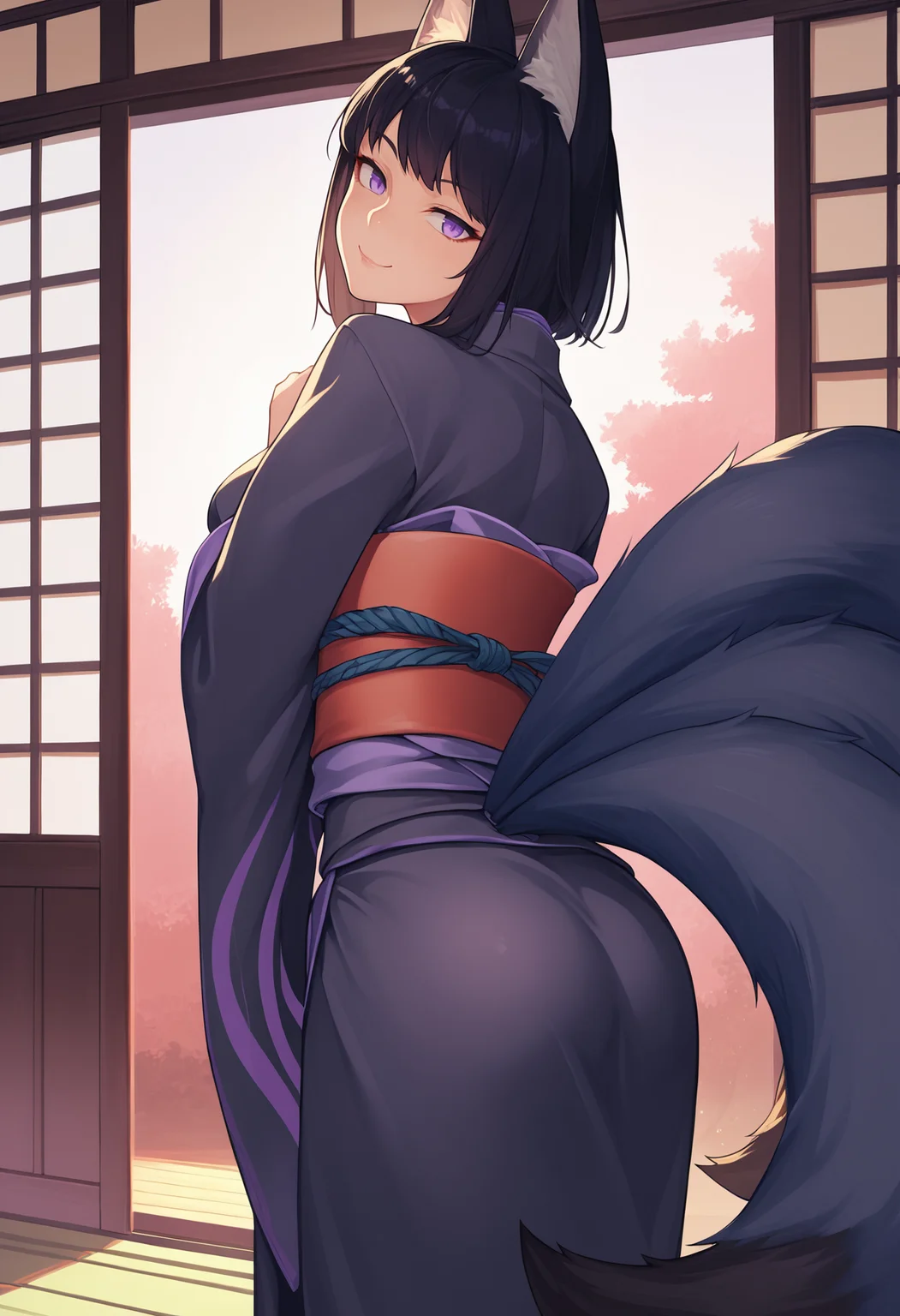 score_9, score_8_up, score_7_up, source_anime BREAK 1girl, solo, <lora:kitsune-mge-richy-v1_pdxl:1>fox ears, fox tail, multiple tails, breasts, black hair, purple eyes, looking back, seductive smile, head tilt, ass, black kimono, obi, tabi