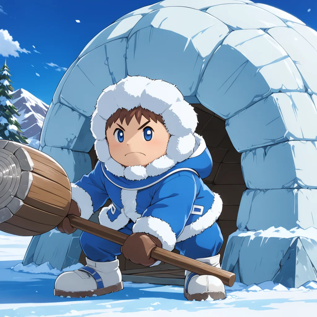 <lora:IceClimbersXL:0.45> iceclimbersxl,PoPoXL, inside igloo , solo, blue coat, closeup, 1boy, man, strong, lifting hammer, bara, action, (anime, masterpiece, intricate:1.3), (best quality, hires textures, high detail:1.2), (4k),(incredibly detailed:1.4),UHD, 8K, ultra detailed