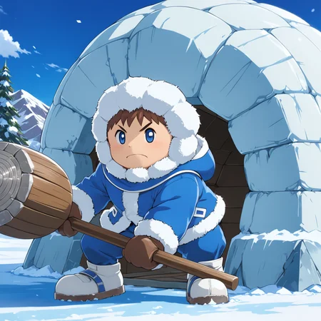 <lora:IceClimbersXL:0.45> iceclimbersxl,PoPoXL, inside igloo , solo, blue coat, closeup, 1boy, man, strong, lifting hammer, bara, action, (anime, masterpiece, intricate:1.3), (best quality, hires textures, high detail:1.2), (4k),(incredibly detailed:1.4),UHD, 8K, ultra detailed
