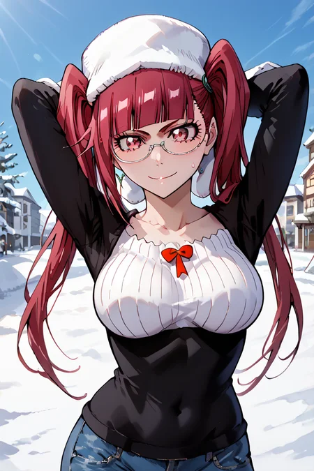 score_9, score_8_up, score_7_up, best quality, amazing quality, very aesthetic, absurdres, 1girl, solo, (dokugamine riruka), (bleach sennen kessen hen), (red hair), twintails, long hair, red eyes, upper body, smile, solo, looking at viewer, (big breasts), outdoors background, (close-up), cute, kawaii, sexy, detailed background, realistic lighting, ultra detailed eyes, ultra detailed face, parted lips, blush, perfect face, <lora:Dokugamine Riruka ApexThunderAi PonyXL-10:1>, expressive eyes, perfect face, cinematic lighting, high definition, eyesHD, high gradient eyes, high definition eyes, colleidef, sidelocks, cute, coordinator, <lora:detail_eyes:0.5>, expressive eyes, perfect face, high quality face, cinematic lighting, volumetric lighting, bloom, post processing, 4k, high definition, eyesHD, high gradient eyes, high definition eyes, cute eyes, detailed face, light makeup, beautiful face, intricately detailed face, perfect face, pale skin, glossy skin, mature body, huge breasts, thighs, hires, pose, glasses, parted lips, jeans, sweater, sweat stain, snow, city, arms up, s3t on armpit,