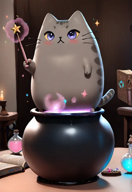 masterpiece, best quality, pusheen, dressed as a wizard, holding a wand, magic sparkles, spellbook, cauldron, glowing potion, <lora:PusheenIXL:1.1>, (3d:1.3), ,<lora:C3CitronNAI:1.3>,
