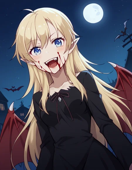score_9, score_8_up, score_7_up, source_anime, <lora:kou-yagami-s2-ponyxl-lora-nochekaiser:1>, kou yagami, long hair, blue eyes, blonde hair, medium breasts,, <lora:vampire-ponyxl-lora-nochekaiser:1>, vampire, red eyes, pointy ears, fangs, black dress, wings, blood, blood on face, blood on mouth, bat (animal), halloween, halloween costume, upper teeth only, night, moon, blush, smile, open mouth, , dutch angle, cowboy shot