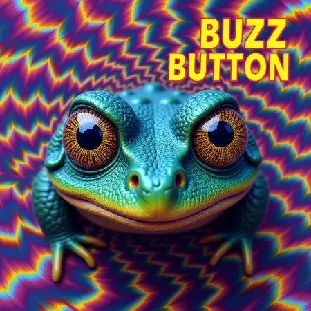 Close-up of a hypno-toad staring directly at the viewer with very large, mesmerizing eyes that seem to pulse and glow, radiating an eerie, hypnotic energy. The eyes are filled with a swirling optical illusion, featuring vibrant shades of neon pinks, electric blues, and radiant yellows that spiral and twist, creating an infinite sense of depth and disorientation. The toad’s skin is textured and moist, showcasing rich greens and deep blues. Surrounding the toad, a vivid background enhances the hypnotic effect, filled with chaotic patterns that echo the movement in its eyes. Floating toward the viewer in bold, sharp letters is the text 'KLICK BUZZ BUTTON,' slightly distorted and warping as it seems to pop out of the image. The entire scene overwhelms the senses with layers of color and shifting patterns, drawing the viewer deeper into the hypno-toad's trance.