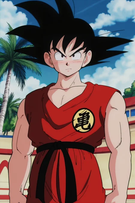 anime screencap, masterpiece, best quality, amazing quality, very aesthetic, absurdres, newest, official style,
son goku, teanage, solo, looking at viewer, shirt, black hair, 1boy, collarbone, upper body, male focus, outdoors, sky, sleeveless, day, cloud, black eyes, tree, blue sky, frown, cloudy sky, spiked hair, (red topwear), serious, palm tree, symbol, print topwear, v-shaped eyebrows, clothes writing, arms at sides, 1980s \(style\), dougi, arena, retro artstyle, bare arms
<lora:SonGoku_IL:0.8>