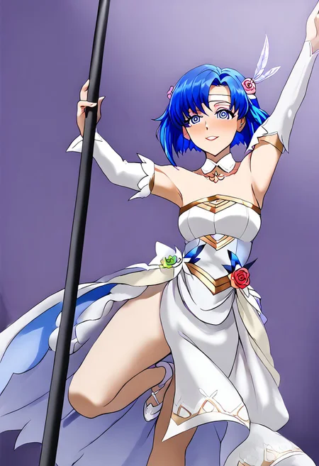 Catria hypnotized to pole dance,
score_9, anime, 1girl, lewd, smooth, 
mind control, hypnosis, spiral eyes, floating spirals,
<lora:pole-dancing-standing-split-ponyxl-lora-nochekaiser:1>, pole dancing, standing split, leg up, standing, split, standing on one leg, pole, stripper pole, holding pole, arms up, solo,
brdCtra, blue hair, medium hair, blue eyes, hair flower, red flower, feather hair ornament, white headband, detached collar, wedding dress, detached sleeves, strapless, long dress,