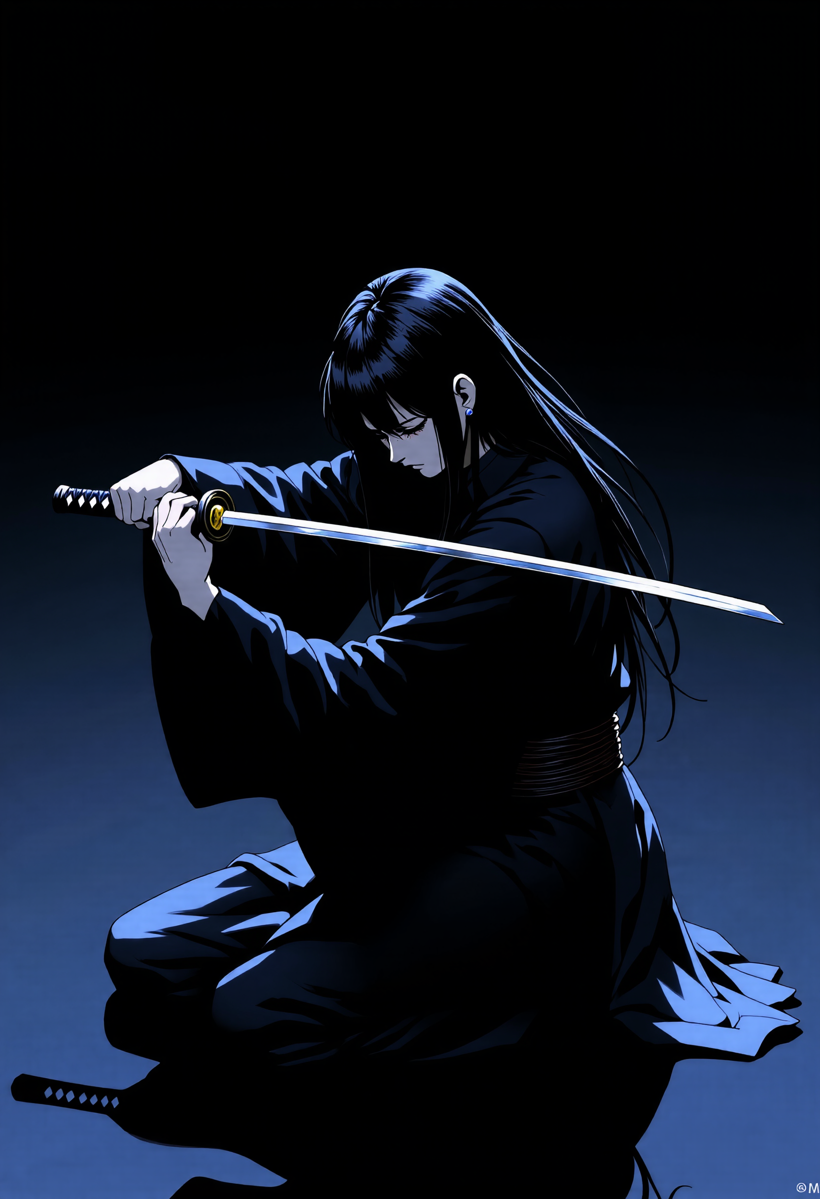anime_martz, mythp0rt, LowKeyLights_v2, In the pitch-black night, a lone female samurai knee, partially covered in shadows, ls on one knee, the silence around her heavy with tension. Her katana is held horizontally across her chest, the blade glinting faintly in the moonlight. With calm precision, she presses the inside of her arm against the tip of the blade, using the crook of her elbow to stabilize the sword. Her posture is deliberate and controlled, the weapon held firm in a delicate balance between honor and readiness. The dark, cold night amplifies her solitude, as her intense focus reveals both strength and grace in this quiet, poised moment  <lora:Chiaroscuro Lighting Style v1:1.2>  <lora:anime_martz:1> <lora:FluxMythP0rtr4itStyle:0.45> <lora:low-key_lights_v2:0.3>