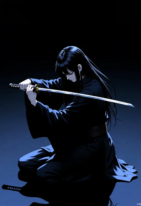 anime_martz, mythp0rt, LowKeyLights_v2, In the pitch-black night, a lone female samurai knee, partially covered in shadows, ls on one knee, the silence around her heavy with tension. Her katana is held horizontally across her chest, the blade glinting faintly in the moonlight. With calm precision, she presses the inside of her arm against the tip of the blade, using the crook of her elbow to stabilize the sword. Her posture is deliberate and controlled, the weapon held firm in a delicate balance between honor and readiness. The dark, cold night amplifies her solitude, as her intense focus reveals both strength and grace in this quiet, poised moment <lora:Chiaroscuro Lighting Style v1:1.2> <lora:anime_martz:1> <lora:FluxMythP0rtr4itStyle:0.45> <lora:low-key_lights_v2:0.3>