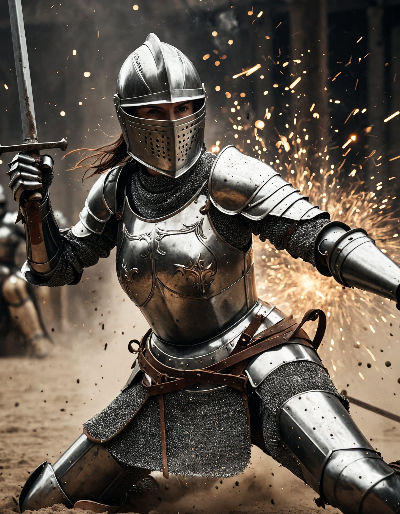 An action shot of a female knight mid-swing in battle, dust and sparks in the air, dramatic motion blur, highly detailed armor.