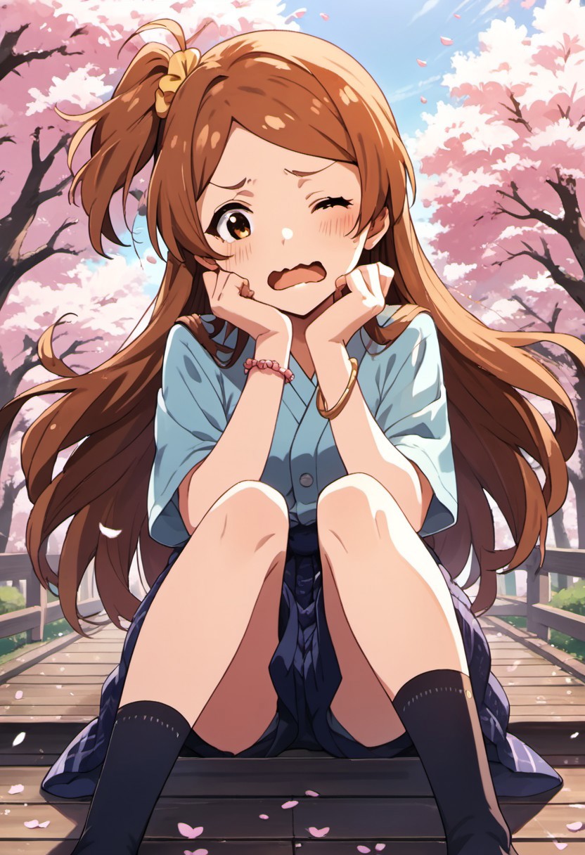score_9, score_8_up, score_7_up, source_anime,ogami tamaki, long hair, brown hair, brown eyes, 1girl, one eye closed, one side up, wavy mouth, cherry blossoms, hanami, jewelry, bracelet, open mouth, solo, socks, wariza