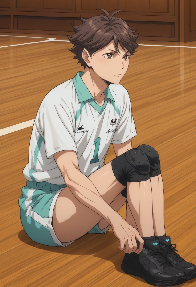 score_9, score_8_up, score_7_up, source_anime, rating_safe, Oikaikyu, 1boy, male focus, anime screencap, light teal Aoba shirt, light teal Aoba shorts, knee pads, black sneakers, sitting, wooden floor,