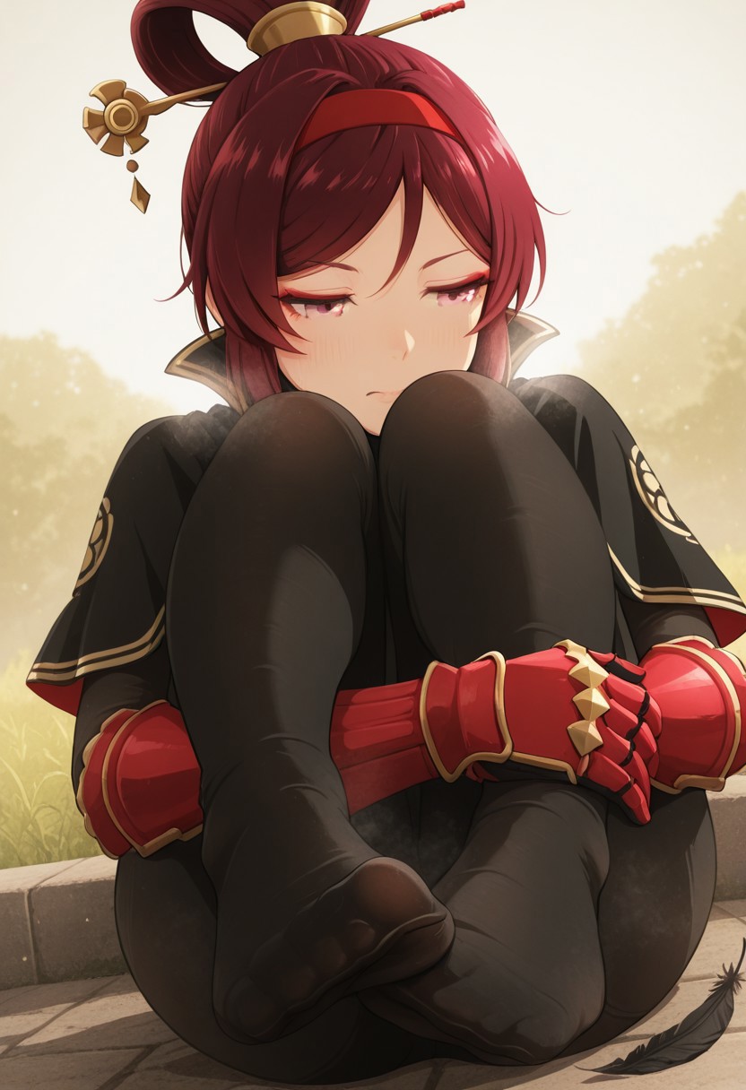 asou ,outdoors, undershirt, falling feathers, black bodysuit, hair stick, hugging own legs, , gauntlets,   eyeshadow,   red gloves,  high ponytail,  , black capelet, red hairband, pink eyes, 1girl, solo, feet, visible breath,   dynamic angle, foreshortening, smell, steam,
