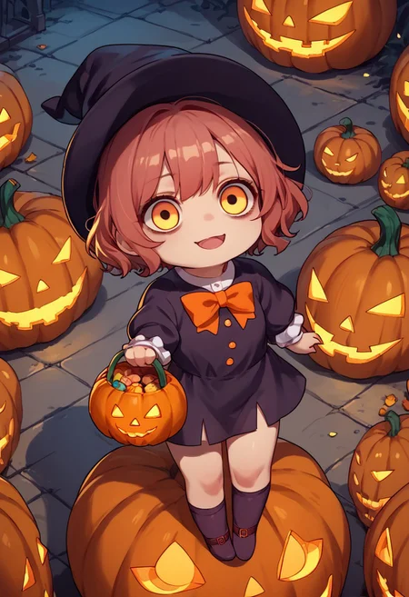 score_9, score_8_up, score_7_up, score_6_up, chibi, anime, halloween, madoka, creepy girl, pumpkin, original char, detail girl, 1girl, halloween ambient