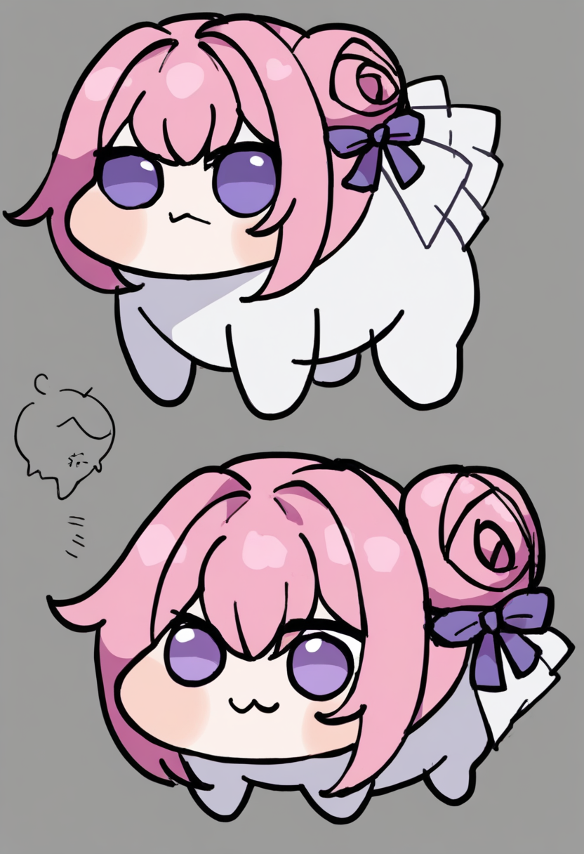 score_7_up, source_anime BREAK <lora:thiccwithaq-artist-richy-v1_pdxl:1> <lora:Doro_X_PDXL_V1:0.8> doro, creature, :3, chibi, pink hair, purple eyes, hair bun, hair bow, no humans, four legs, solid circle eyes, no pupils, white skin, grey background, simple background,