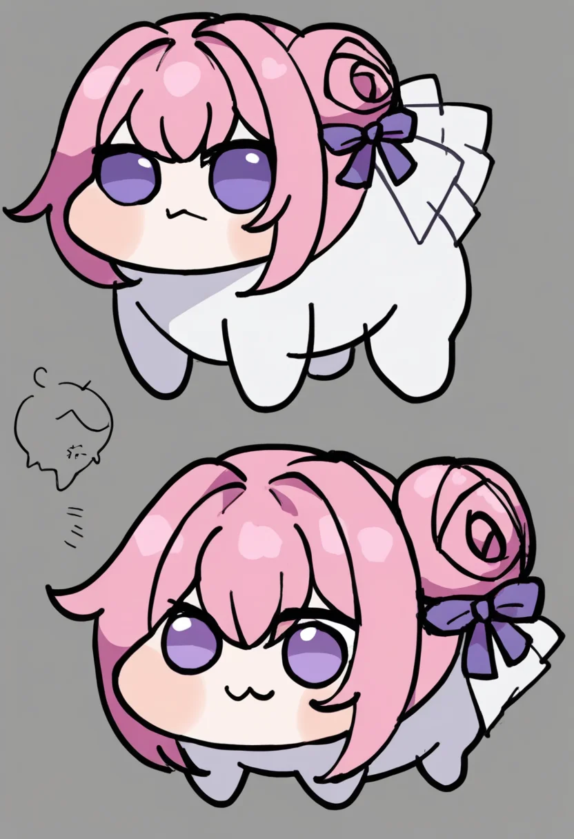 score_7_up, source_anime BREAK <lora:thiccwithaq-artist-richy-v1_pdxl:1> <lora:Doro_X_PDXL_V1:0.8> doro, creature, :3, chibi, pink hair, purple eyes, hair bun, hair bow, no humans, four legs, solid circle eyes, no pupils, white skin, grey background, simple background,