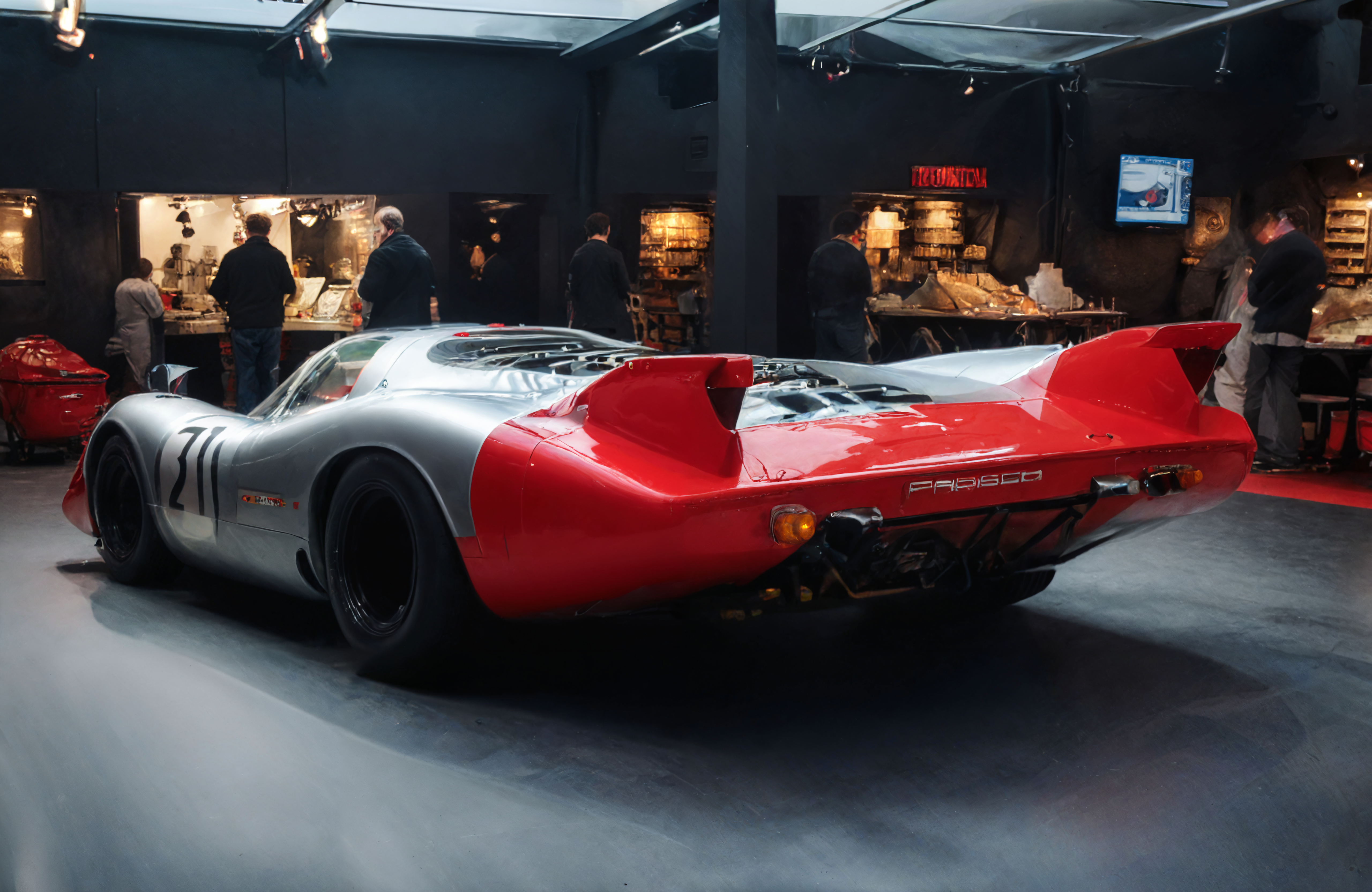 a photograph of a sports car, p0rsche9l7xl,     Moonlit Night: Moonlight casting a silvery glow, providing a mystical and romantic atmosphere., Crimson Red,  rear view,     A bustling outdoor market, dark, low-key,   low color saturation, concept art, perfect composition, masterpiece, professional photography, zeiss lens, shot on dslr 64 megapixels, sharp focus, intricately detailed, dramatic, tilt shift, f/32,