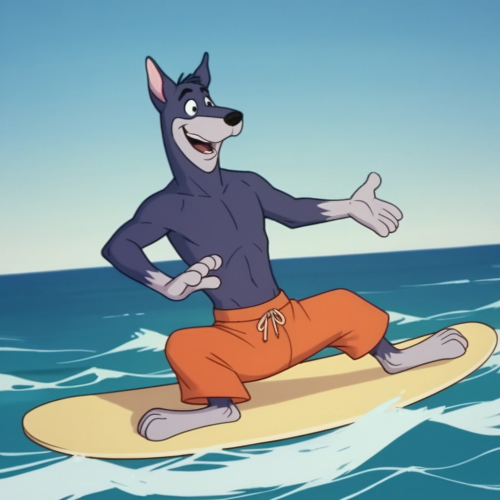 score_9, score_8_up, score_7_up, score_6_up, score_5_up, score_4_up, source_furry, dynomuttHB, semi-anthro, male, Doberman, dog, Blue-gray fur, black eyes, orange swim trunks, surfboard, ocean, surfing