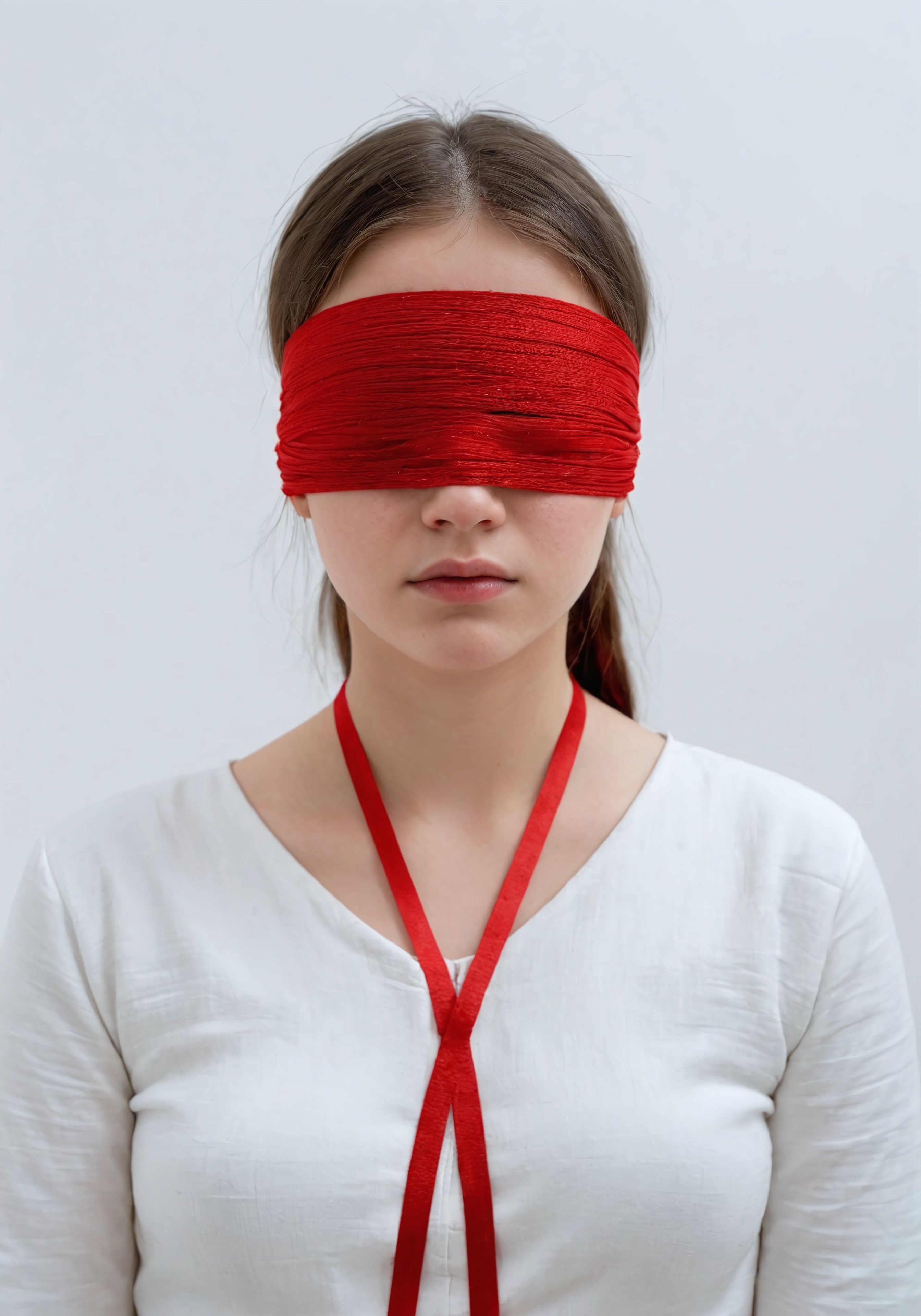 Ultrarealistic, photorealistic, realistic, 8k, HDR, masterpiece.
There are red threads strung in the white room. In the middle stands a girl with a sad face. She is dressed in white clothes and has a red satin bandage over her eyes. Artistic portrait, simple composition, focus on the girl, minimum number of colors.