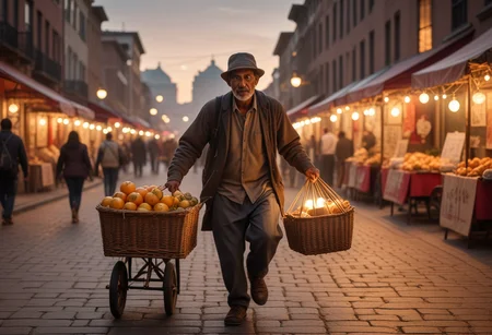 (medium full shot) of (medium shot ) of street vendor rushing to work, detailed face, located in an urban scene at a historic art gallery during sunset with windy weather, illuminated by lanterns, creating a bustling atmosphere, Masterpiece,best quality, photo, realistic, very aesthetic,