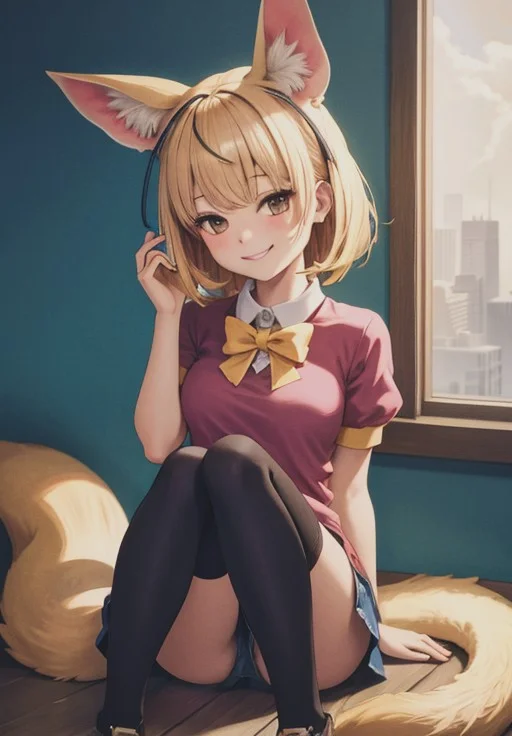 <lora:Fennec:0.8>, Fennec,1girl, solo, smirk, sitting,, (masterpiece, best quality, detailed:1.3), charming