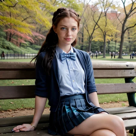 Photo of a woman sitting on a park bench in Central Park, (Lauren Ambrose : Lily Cole : 0.5), (black hair:1.2), (blue eyes:1.3), freckles, age 30, <lora:School Dress By Stable Yogi:0.8>, school uniform, pleated skirt, bow-tie, (smirking:1.2), <lora:add_detail:0.5>, pink, gold jewelry, braids,