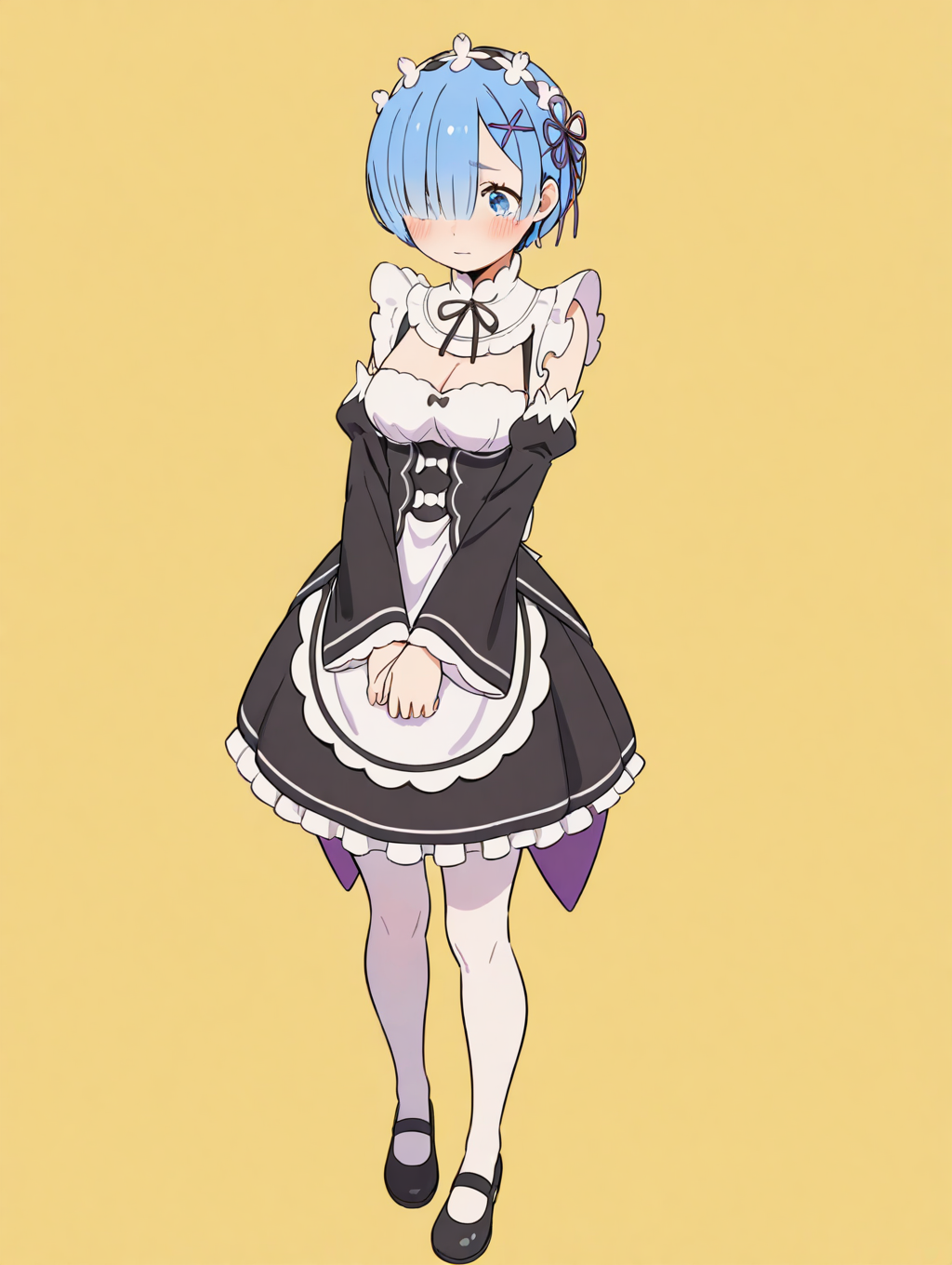perfect quality,high quality,masterpiece,best quality,amazing quality,very aesthetic,absurdres,newest,
front view,full_shot,shy,
REMCYQL,1girl,solo,short hair,blue hair,bangs,hair over one eye,ribbon,hair ribbon,purple ribbon,hair ornament,x hair ornament,maid headdress,blue eyes,neck ribbon,roswaal mansion maid uniform,maid,cleavage,underbust,black ribbon,long sleeves,detached sleeves,apron,white apron,waist apron,skirt,black skirt,frilled skirt,pantyhose,white pantyhose,frills,mary janes,black footwear,
full body,standing,arms_crossed,,
gold background,simple background,
<lora:ponyv4_noob1_2_adamW:0.7>,<lora:semham4:0.8>,,<lora:REM_Illustrious by Cyql:1>,