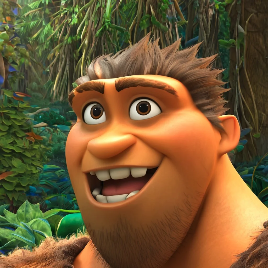 Grug, 1boy, short hair, facial hair, bara, musuclar, thick eyebrows, chest hair, brown hair, stubble, pectorals, brown eyes, arm hair, leg hair, sleeveless, tattered tunic, furry top, brown fur, caveman, broad shoulders, forest, smile, solo, muscular, wide shoulders, 4k, hi res, ((detailed face, (detailed eyes:1.0), detailed)), large build, crooked teeth, close up, portrait, detailed face, detailed eyes, face shot,