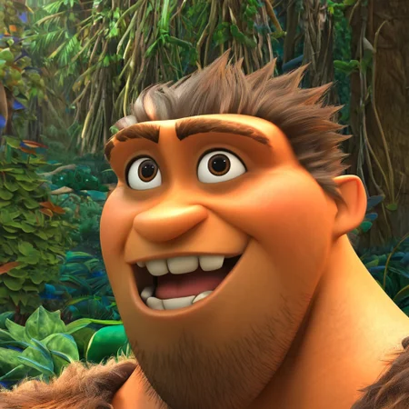 Grug, 1boy, short hair, facial hair, bara, musuclar, thick eyebrows, chest hair, brown hair, stubble, pectorals, brown eyes, arm hair, leg hair, sleeveless, tattered tunic, furry top, brown fur, caveman, broad shoulders, forest, smile, solo, muscular, wide shoulders, 4k, hi res, ((detailed face, (detailed eyes:1.0), detailed)), large build, crooked teeth, close up, portrait, detailed face, detailed eyes, face shot,