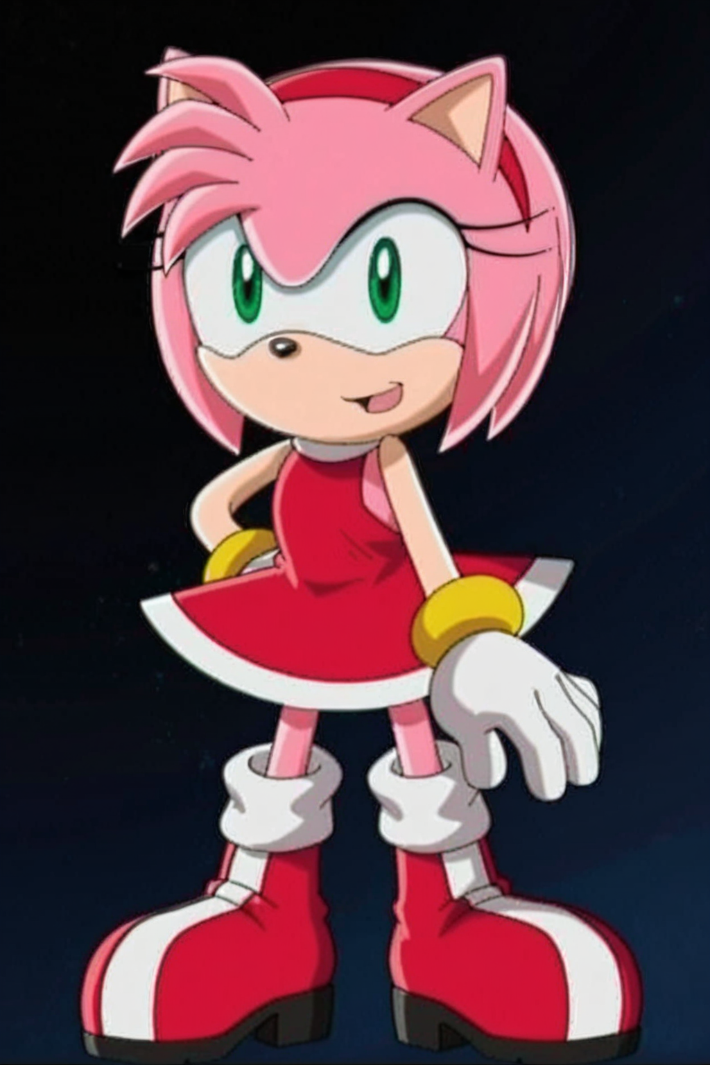 feminine, masterpiece, best quality, newest, absurdres, highres, amy rose, amy rose, furry female, white-trimmed red dress, green eyes, white-yellow gloves, boots, socks,
BREAK
dark background, dynamic background, <lora:Amy_Rose_Pony:1>
