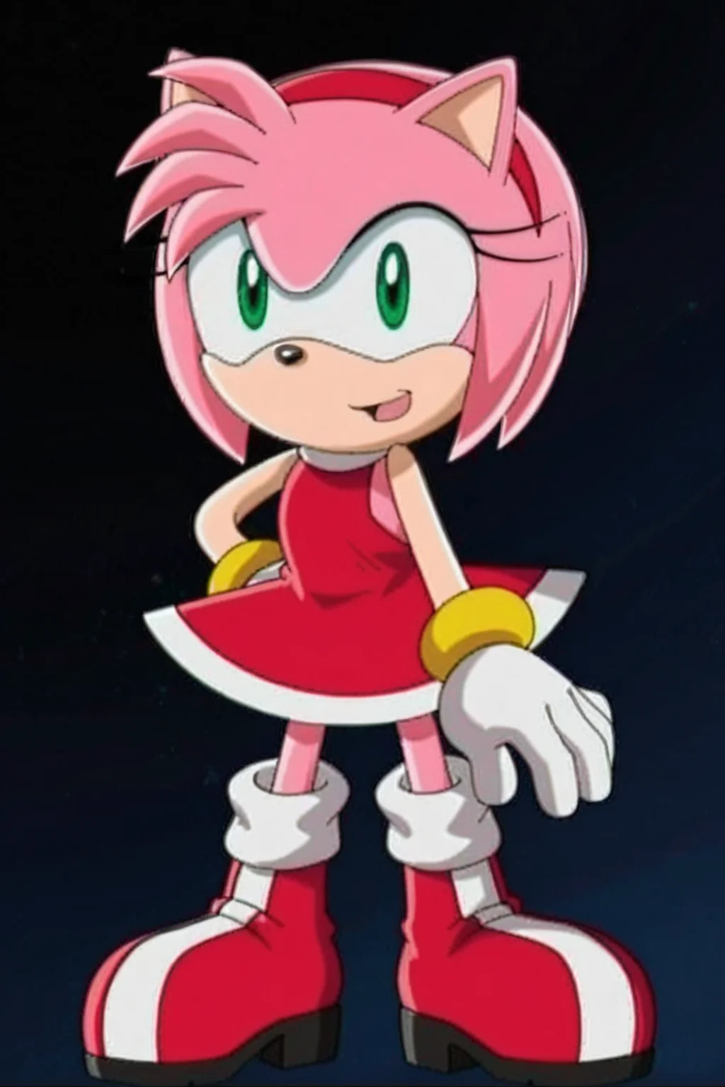 feminine, masterpiece, best quality, newest, absurdres, highres, amy rose, amy rose, furry female, white-trimmed red dress, green eyes, white-yellow gloves, boots, socks,
BREAK
dark background, dynamic background, <lora:Amy_Rose_Pony:1>