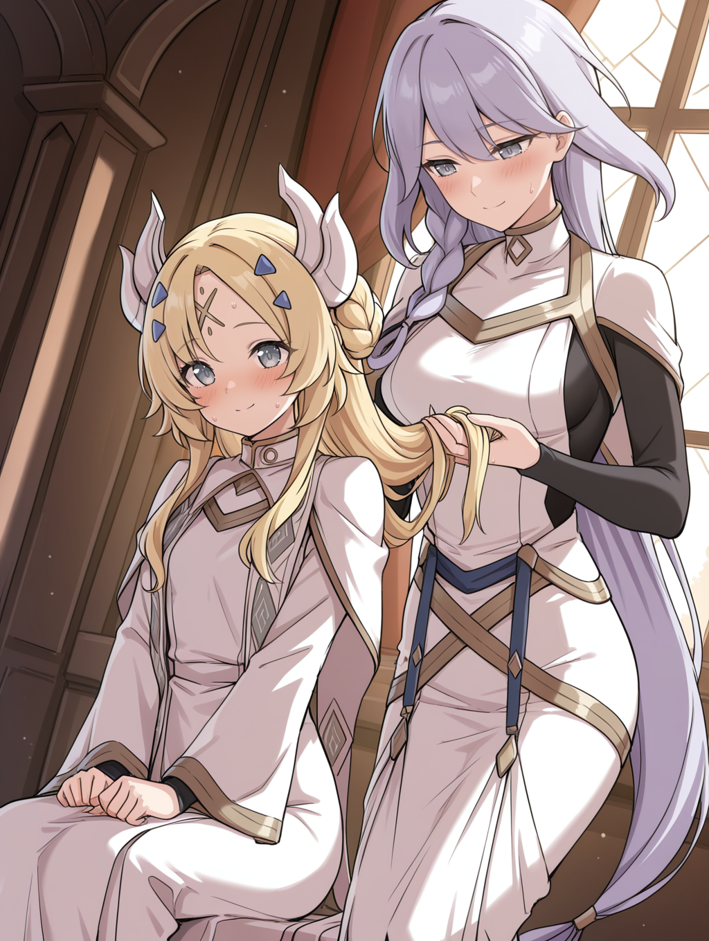 2girls,smile,blush,sketch,dutch angle,closed mouth,sitting,sweat,holding another's hair,dogmatika fleurdelis,white dress,white capelet,black bodystocking,dogmatika ecclesia the virtuous,gold forehead mark,blue hairclip,silver hair ornament,white long dress,curtains,castle,window,
masterpiece,best quality,amazing quality,very aesthetic,absurdres,newest,<lora:Dogmatika Fleurdelis & Ecclesia the Virtuous illuXL v1:0.75>,