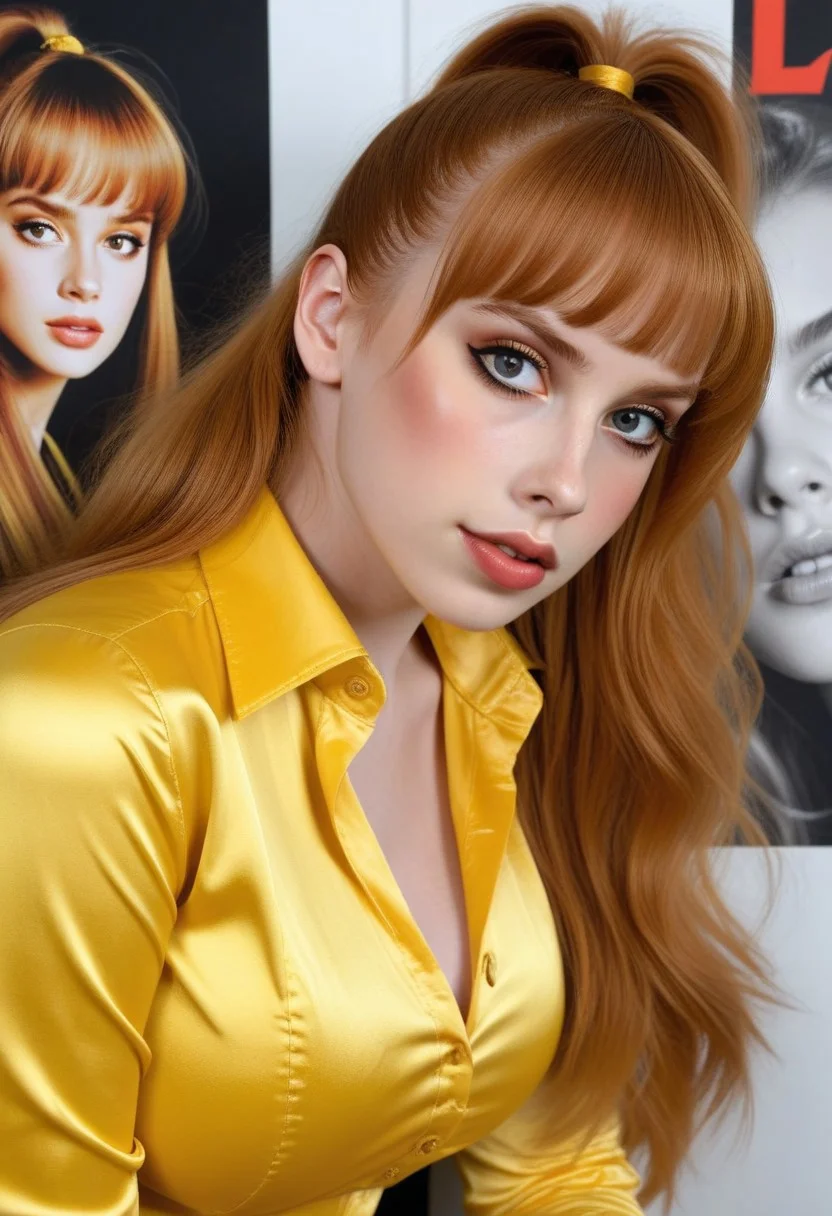 raw photo, stunningly beautiful busty :1.3) 23yo Y4SM1N3 posing on fashion posters, wearing satin shirt, long elegant hair, alluring style by Luis Royo
