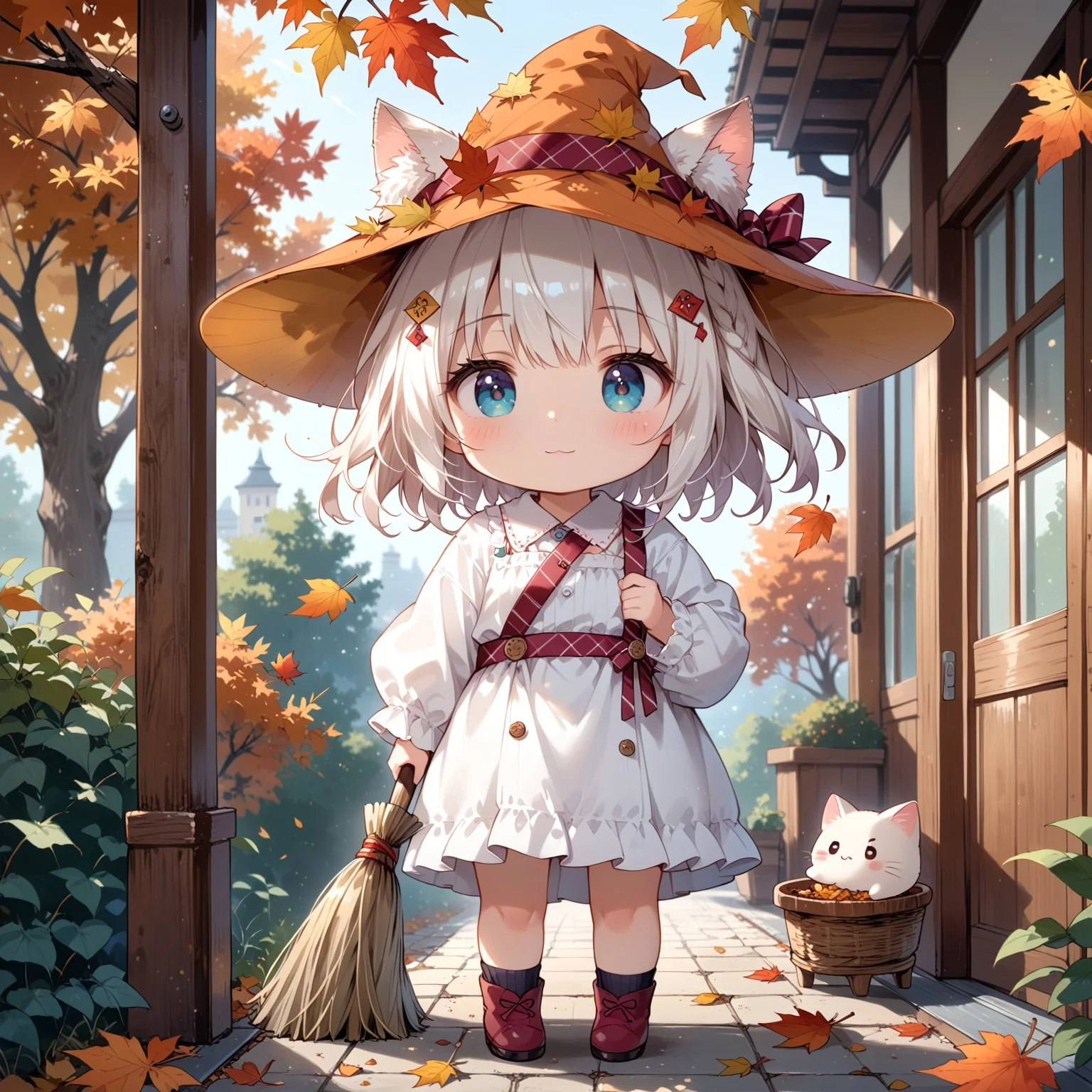 score_9, score_8_up, score_7_up, source_anime, 1girl,(ultra HD quality details), anime, slightly chibi, cute cat girl, cute hat, sweeping leaves with a broom, exhausted, exhaling, giant pile of leaves, (detailed image, high resolution, 5k resolution:1.0), Expressiveh, warm lighting, autumn, veranda
