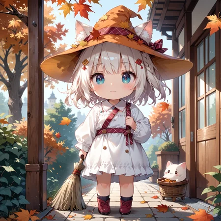 score_9, score_8_up, score_7_up, source_anime, 1girl,(ultra HD quality details), anime, slightly chibi, cute cat girl, cute hat, sweeping leaves with a broom, exhausted, exhaling, giant pile of leaves, (detailed image, high resolution, 5k resolution:1.0), Expressiveh, warm lighting, autumn, veranda