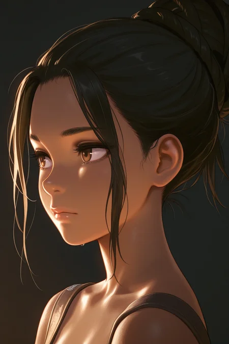 masterpiece, best quality, amazing quality,
 <lora:Panam_IL:1> panam, 1girl, solo, brown eyes, portrait, looking to the side, black hair, hair bun