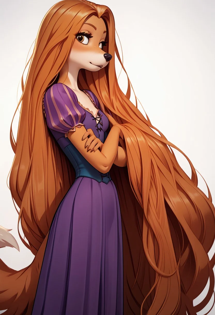 score_9, score_8_up, score_7_up, score_6_up, score_5_up, score_4_up, 3d, realistic <lora:SukiLanePXL:1> SukiLanePXL, RapunzelWaifu, absurdly long hair, very long hair, floor length hair, orange hair, anthro, brown eyes, orange fur, looking at viewer, small breast, simple background, long dress, purple dress, puffy sleeves, very long hair, (canine tail:1.2)