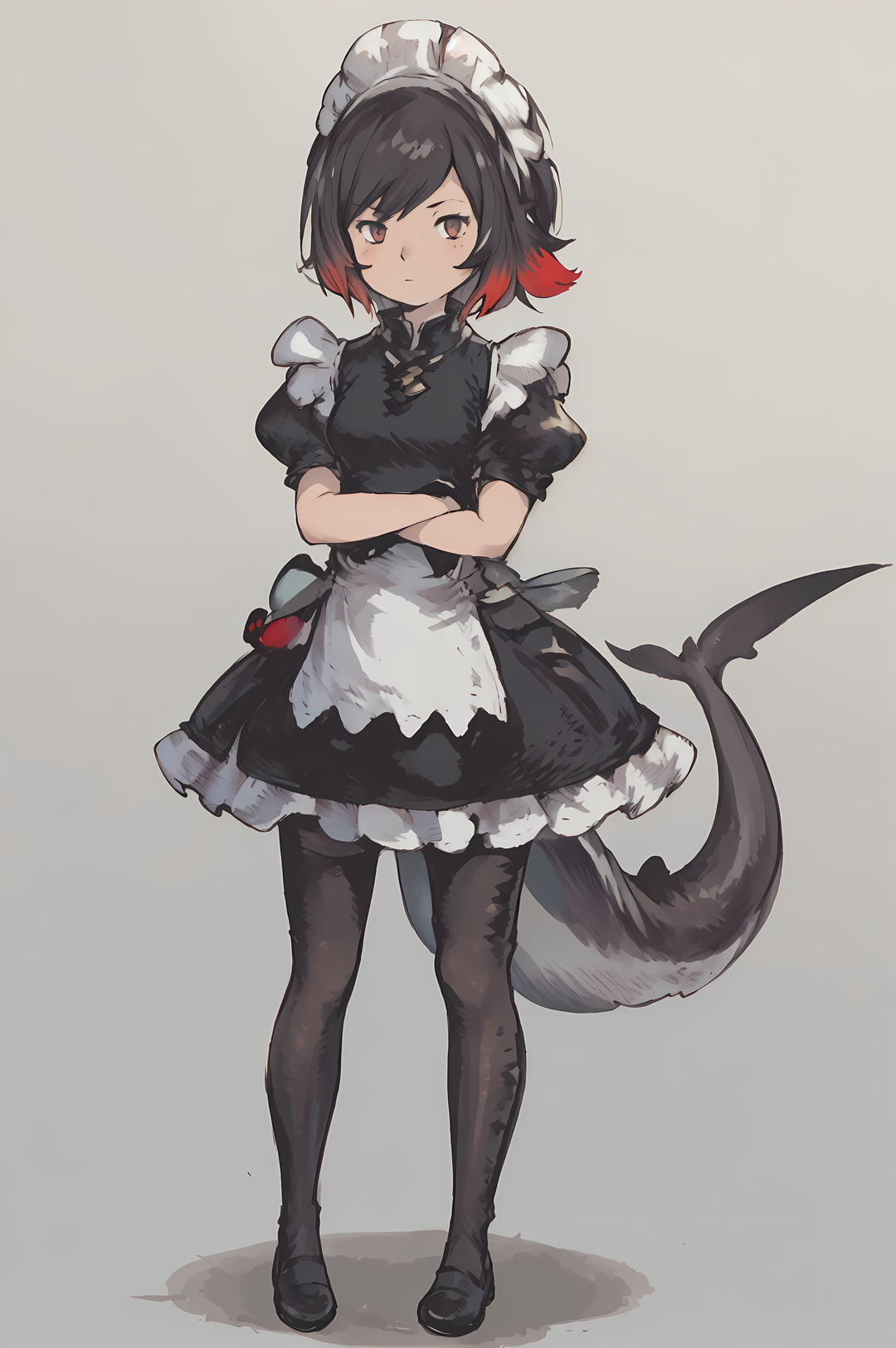score_9, score_8_up, score_7_up, (masterpiece:1.4), (best quality:1.4), (Yoshida_Akihiko_PonyXL_style_v02.10.01:1.0), solo, 1girl, gray background, (chibi) ellenjoe, ellen joe, black hair, colored inner hair, multicolored hair, red eyes, red hair, short hair, two-tone hair, apron, black pantyhose, black shirt, black skirt, ear piercing, fins, fish tail, maid, maid apron, maid headdress, pantyhose, piercing, puffy short sleeves, puffy sleeves, shark girl, shark tail, shirt, short sleeves, skirt, tail, two-tone hair, wrist cuffs, stand, crossed arms, loafers, (Bravely Default Style), yoshida akihiko, blush, red eyes, <lora:pony\char\game\zzz\ellen-joe-ponyxl-lora-nochekaiser.safetensors>, <lora:pony\style\Yoshida_Akihiko_PonyXL_style_v02.10.01.safetensors>, <lora:styles\yoshida_akihiko_offset.safetensors>, <lora:styles\BravelyDefault.safetensors>, <checkpoint:[Pony] prefectPonyXL_v10.safetensors>, <checkpoint:[SD15] tfmCutesyAnime2_genesis.safetensors>, <checkpoint:[SD15] Anime_Sketchink.safetensors>