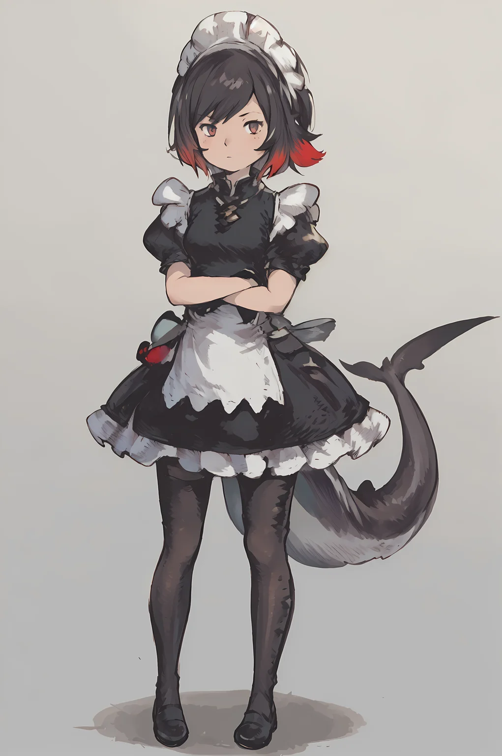 score_9, score_8_up, score_7_up, (masterpiece:1.4), (best quality:1.4), (Yoshida_Akihiko_PonyXL_style_v02.10.01:1.0), solo, 1girl, gray background, (chibi) ellenjoe, ellen joe, black hair, colored inner hair, multicolored hair, red eyes, red hair, short hair, two-tone hair, apron, black pantyhose, black shirt, black skirt, ear piercing, fins, fish tail, maid, maid apron, maid headdress, pantyhose, piercing, puffy short sleeves, puffy sleeves, shark girl, shark tail, shirt, short sleeves, skirt, tail, two-tone hair, wrist cuffs, stand, crossed arms, loafers, (Bravely Default Style), yoshida akihiko, blush, red eyes, <lora:pony\char\game\zzz\ellen-joe-ponyxl-lora-nochekaiser.safetensors>, <lora:pony\style\Yoshida_Akihiko_PonyXL_style_v02.10.01.safetensors>, <lora:styles\yoshida_akihiko_offset.safetensors>, <lora:styles\BravelyDefault.safetensors>, <checkpoint:[Pony] prefectPonyXL_v10.safetensors>, <checkpoint:[SD15] tfmCutesyAnime2_genesis.safetensors>, <checkpoint:[SD15] Anime_Sketchink.safetensors>