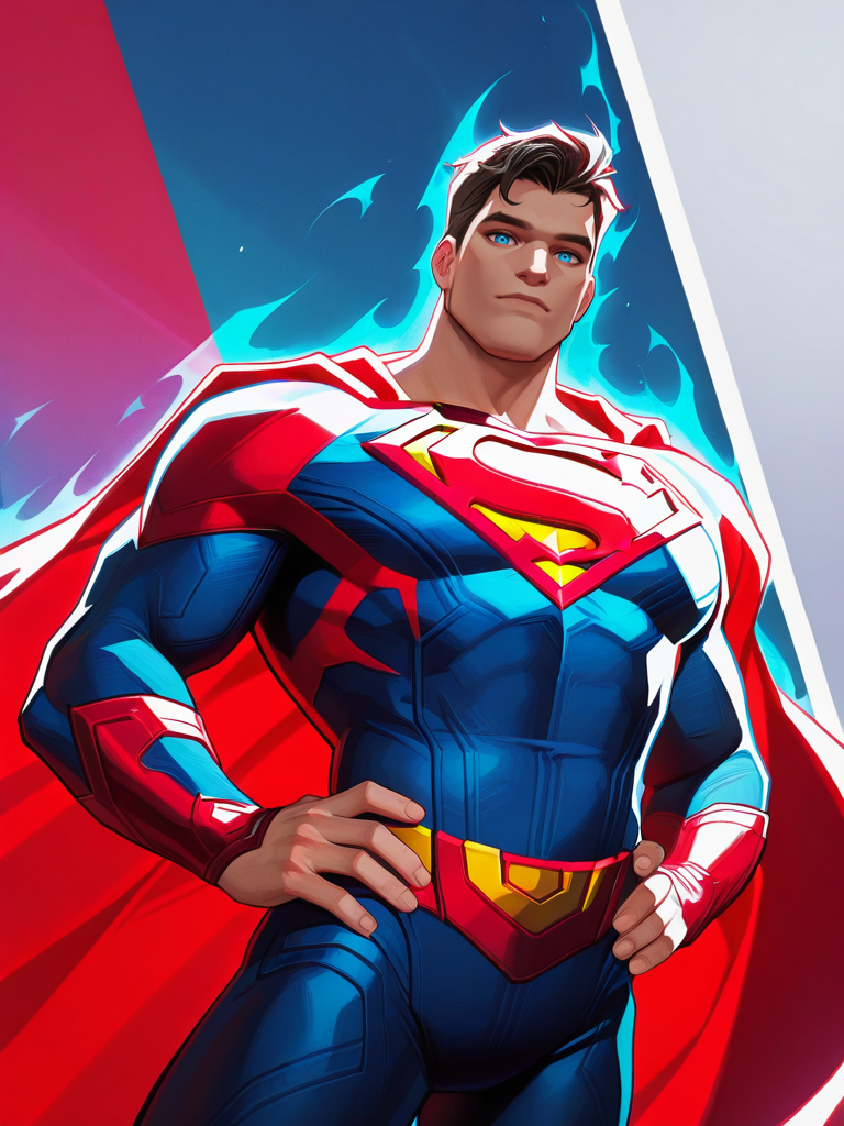 highres, hi res, best quality, masterpiece, intricate details, absurdres, 4k,, semi realistic, cartoon,
1boy, superman \(series\), blue bodysuit,, aura,, looking at viewer, dynamic pose, hands on hips, heroic pose, cowboy shot, multicolored background, dutch angle, 
, MarvelRivals, <lora:AMarvelRivals_style-06:1>