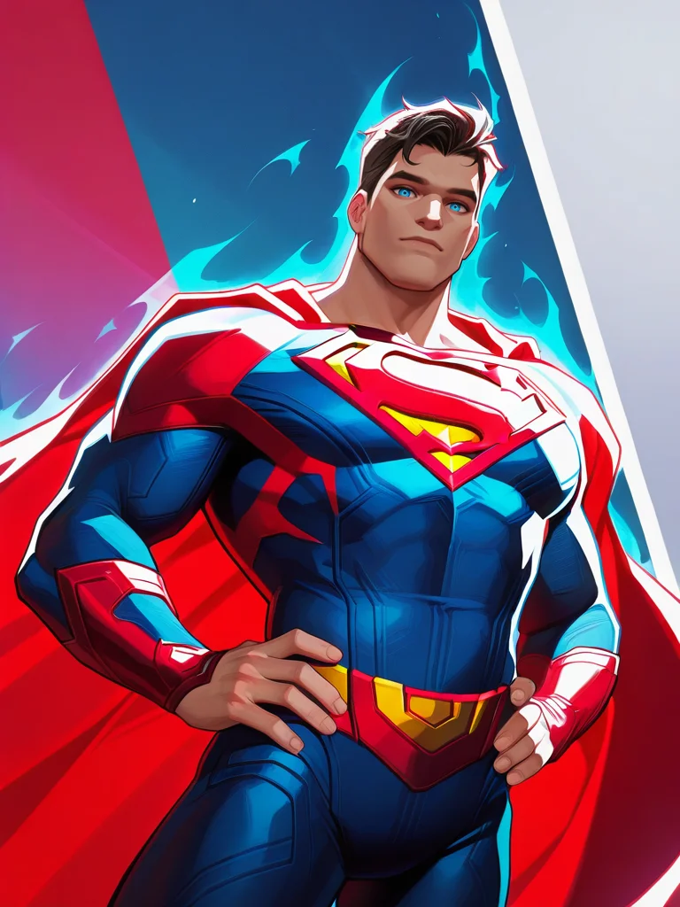 highres, hi res, best quality, masterpiece, intricate details, absurdres, 4k,, semi realistic, cartoon,
1boy, superman \(series\), blue bodysuit,, aura,, looking at viewer, dynamic pose, hands on hips, heroic pose, cowboy shot, multicolored background, dutch angle,
, MarvelRivals, <lora:AMarvelRivals_style-06:1>