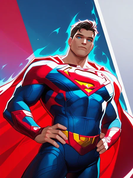 highres, hi res, best quality, masterpiece, intricate details, absurdres, 4k,, semi realistic, cartoon,
1boy, superman \(series\), blue bodysuit,, aura,, looking at viewer, dynamic pose, hands on hips, heroic pose, cowboy shot, multicolored background, dutch angle,
, MarvelRivals, <lora:AMarvelRivals_style-06:1>