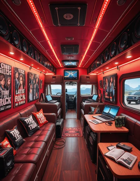 The interior of a modern RV customized for a rock band on tour. The space is stylish and lived-in, filled with musical gear like guitar cases, amps, and a drum pad. Posters of famous rock bands and tour memorabilia cover the walls. There are leather couches, a small kitchenette with snacks and energy drinks, and a cluttered table with laptops, cables, and setlists. A narrow hallway leads to sleeping bunks with personal items like headphones, books, and clothes tossed around. The lighting is warm with LED strips in red and purple tones, giving it a cozy but edgy atmosphere. A small TV displays concert footage, and speakers are mounted on the ceiling. The whole scene feels energetic, artistic, and chaotic in a creative way. Realistic style, rich colors, and highly detailed environment.
<lora:SDXLFaeTastic2400:0.4> <lora:extremely_detailed:0.4> extremely detailed ,r0ck b4nd rv <lora:r0ck_b4nd_rv-i:1>, Masterpiece,best quality,hi res,8k,hi res,8k,award winning,(sharp focus, intricate, highly detailed),