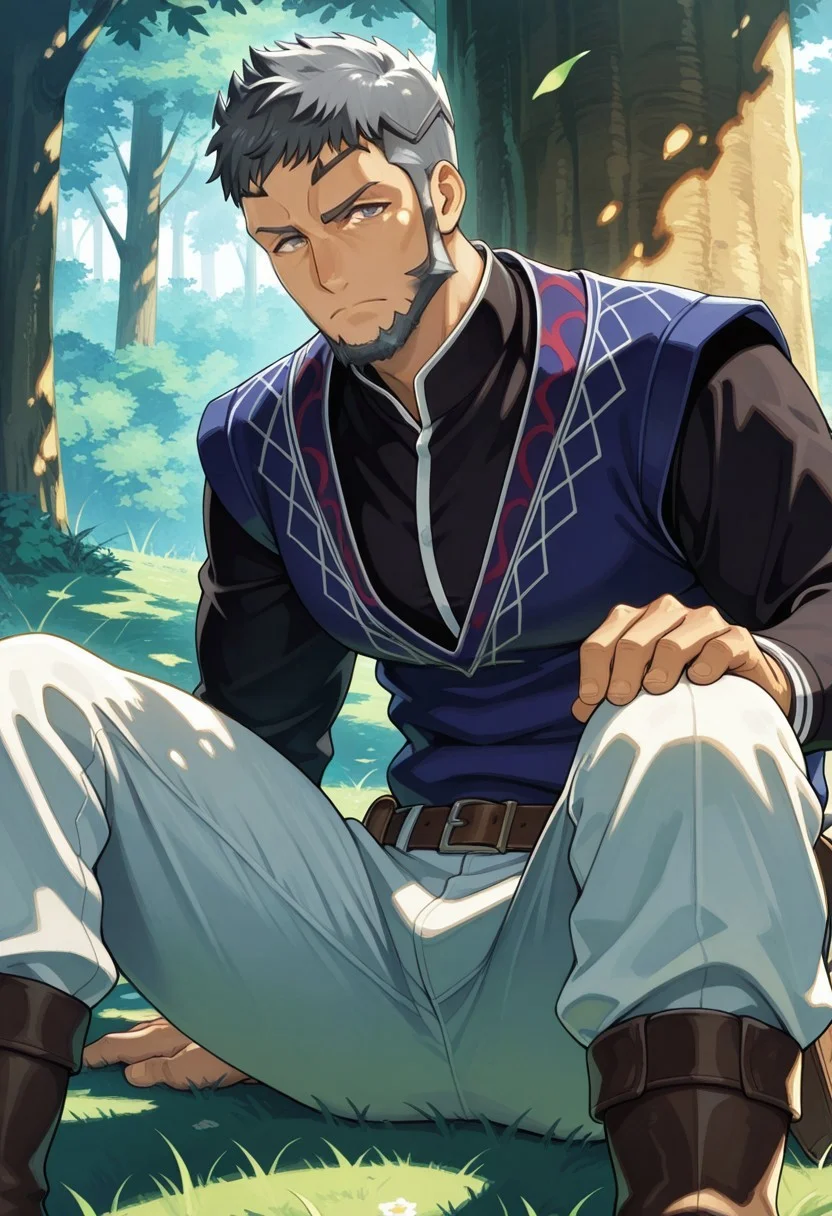masterpiece, best quality, newest, very awa, extreme detail description, amazing quality, 1boy, muscular male, solo, mauvier_fe, mature male, black hair, grey eyes, facial hair, beard, black shirt, blue vest, white pants, belt, boots, serious expression, on grass, looking at viewer, knees up, tree shade, from side, serious expression, looking at viewer