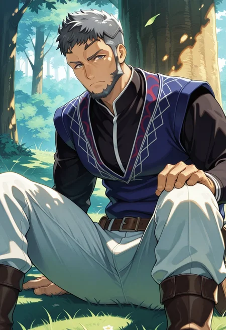 masterpiece, best quality, newest, very awa, extreme detail description, amazing quality, 1boy, muscular male, solo, mauvier_fe, mature male, black hair, grey eyes, facial hair, beard, black shirt, blue vest, white pants, belt, boots, serious expression, on grass, looking at viewer, knees up, tree shade, from side, serious expression, looking at viewer