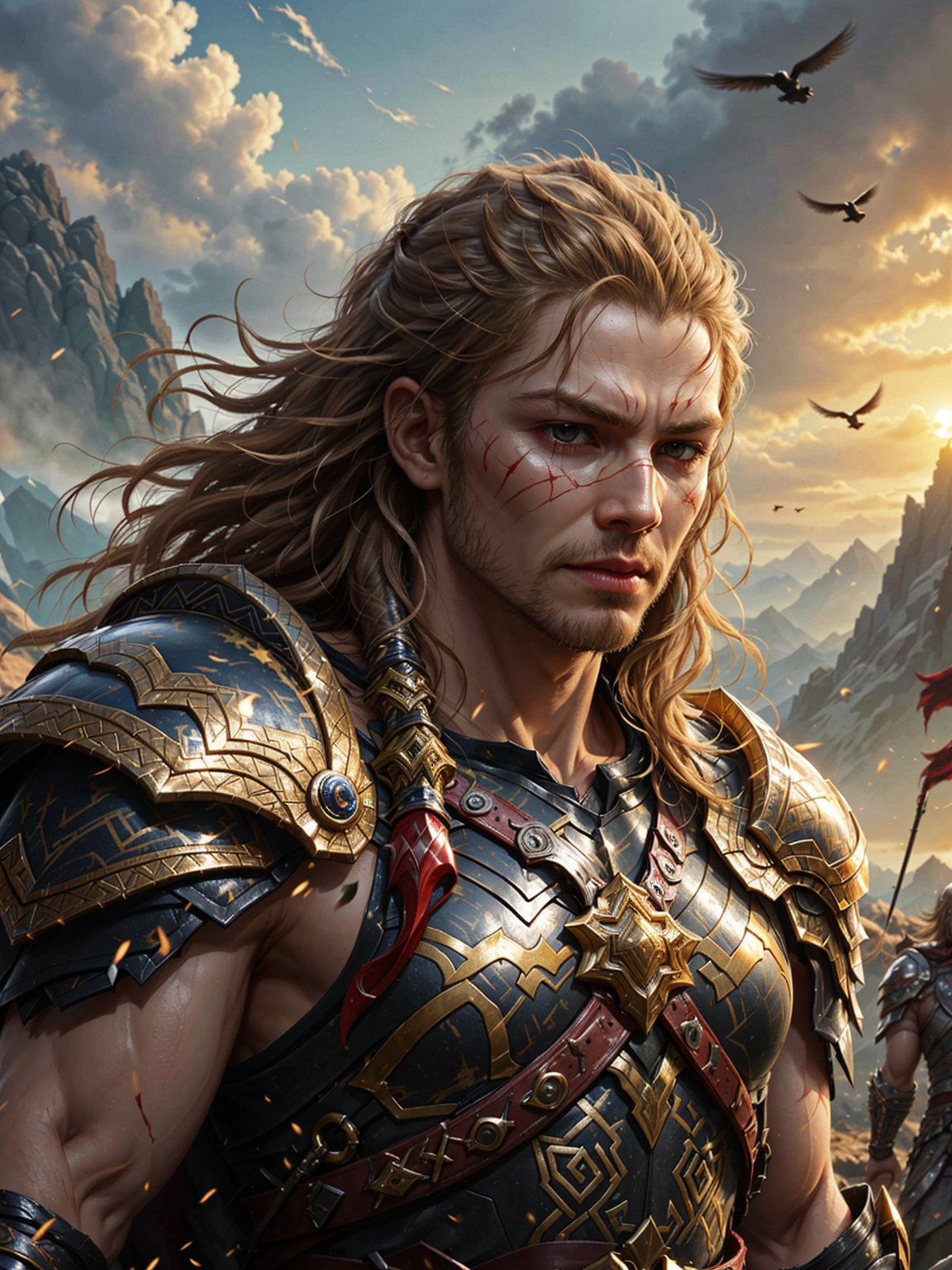 VALHERO, art, painting,score_9, score_8_up, score_7_up, Portrait An awe-inspiring depiction of Starkad, the legendary Norse warrior and antihero, in the midst of a brutal battle atop a windswept mountain pass. Clad in tattered leather and iron armor, Starkad wields a massive battle axe, its blade darkened with age but glowing faintly with the aura of ancient curses and blessings bestowed upon him by the gods. His scarred visage is a mask of grim determination, embodying the burden of his tragic destiny.      <lora:Heroes_of_Valhalla_PONY:0.78>