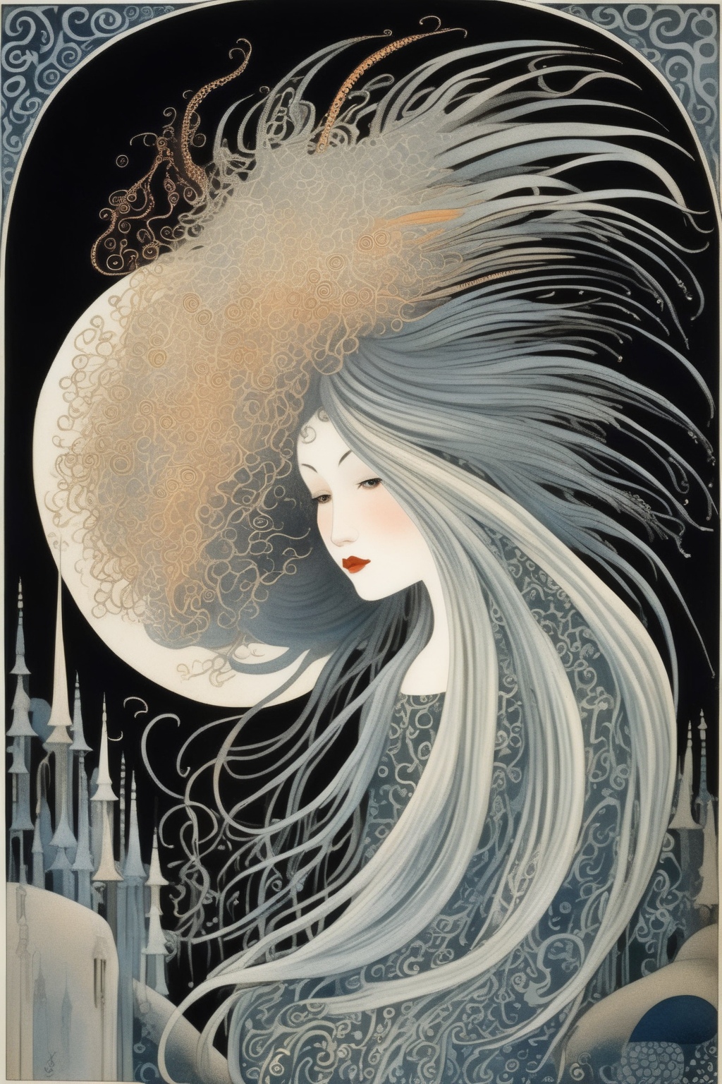 <lora:Kay Nielsen Style:1>Kay Nielsen Style - woman with glorious hair in the style of Kay Nielsen