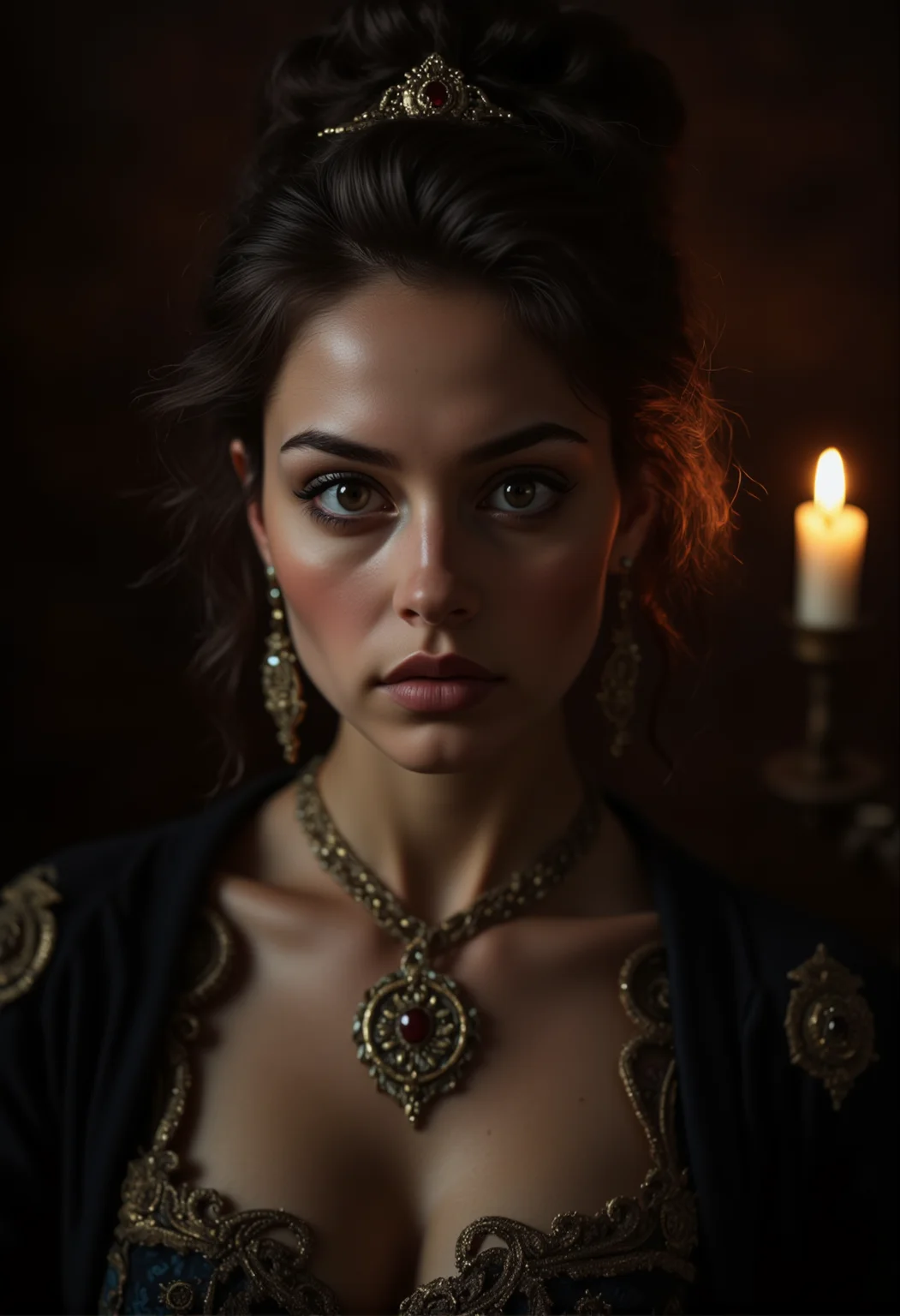 A portrait of a noblewoman, her elaborate jewelry catching the faint glow of candlelight, her eyes staring hauntingly at the viewer. bv-daraca<lora:bv-dark-academia-v1.safetensors:1.0:1.0>