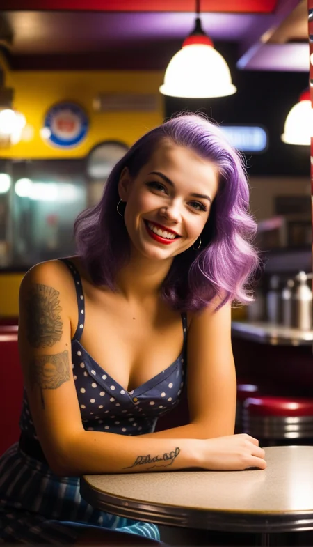 street photography photo of a young woman with yellow+purple hair, smile, happy, cute shirt, cleavage1:5, tattoos on her arms, sitting in a 50s diner, dark, spotlight, silhouette Steps: 18, Face restoration: CodeFormer