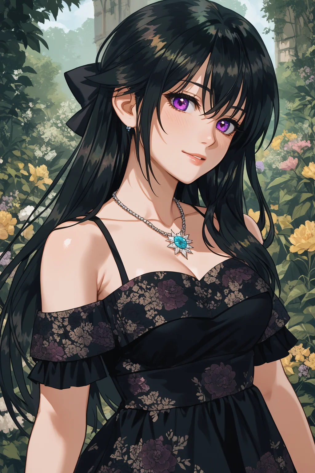 score_9, score_8_up, score_7_up, BREAK source_anime, <lora:Rainelle-PonyXL-lora-Faxtron:1> rainelle, purple eyes, black hair, long hair, shiny hair, medium breasts, necklace, black dress, bare shoulders, floral print, collarbone,
