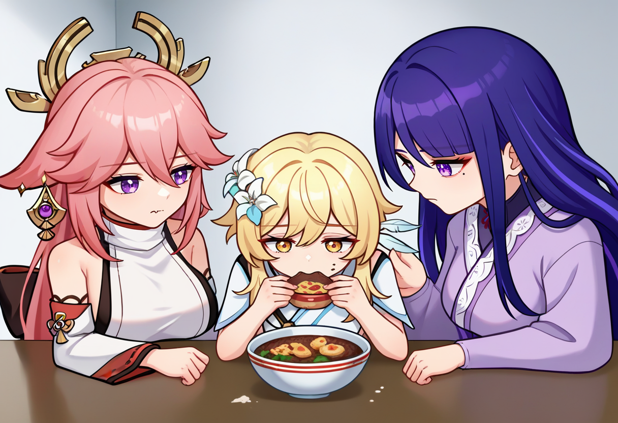 score_9, score_8_up, score_7_up, source_anime, 3girls, blankroomsoup, table, bowl, food <lora:meme_blankroomsoup_ponyXL:0.9>
3girls, yae miko, genshin impact, looking at another, japanese clothes, sideboob
3girls, lumine \(genshin impact\), sad, eating
3girls, raiden shogun, expressionless, looking at another, japanese clothes